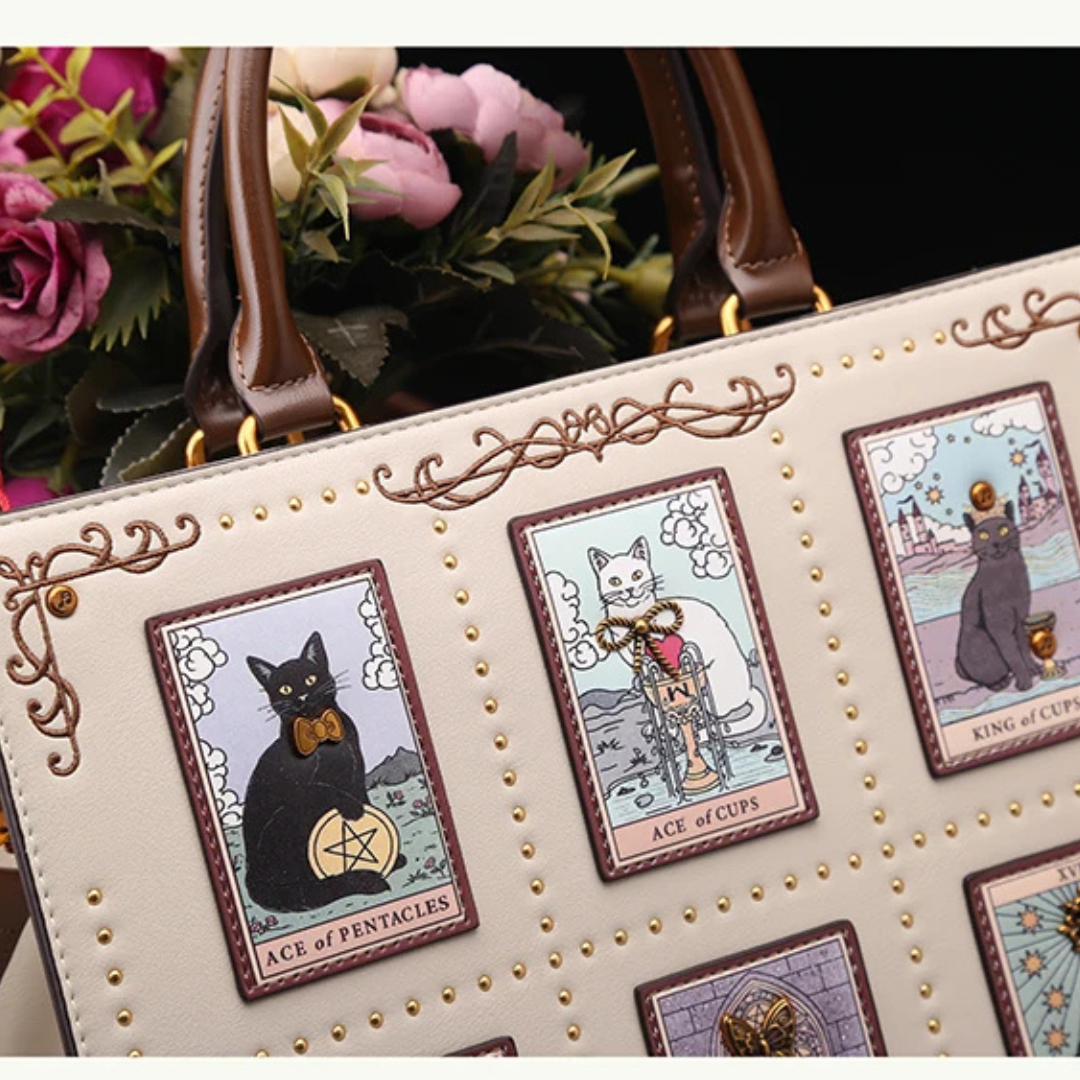 Mystical handbag with cat illustrations