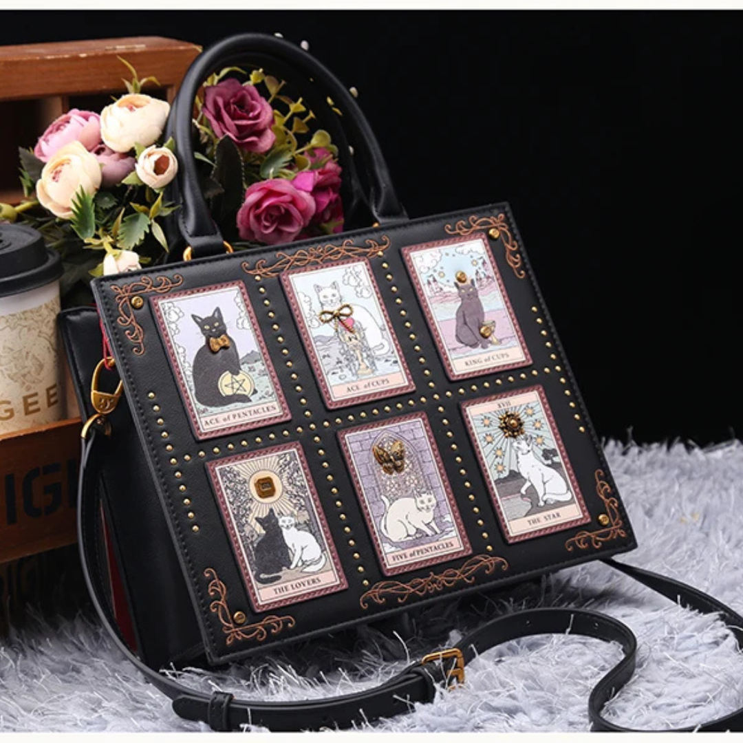 Mystical handbag with cat illustrations