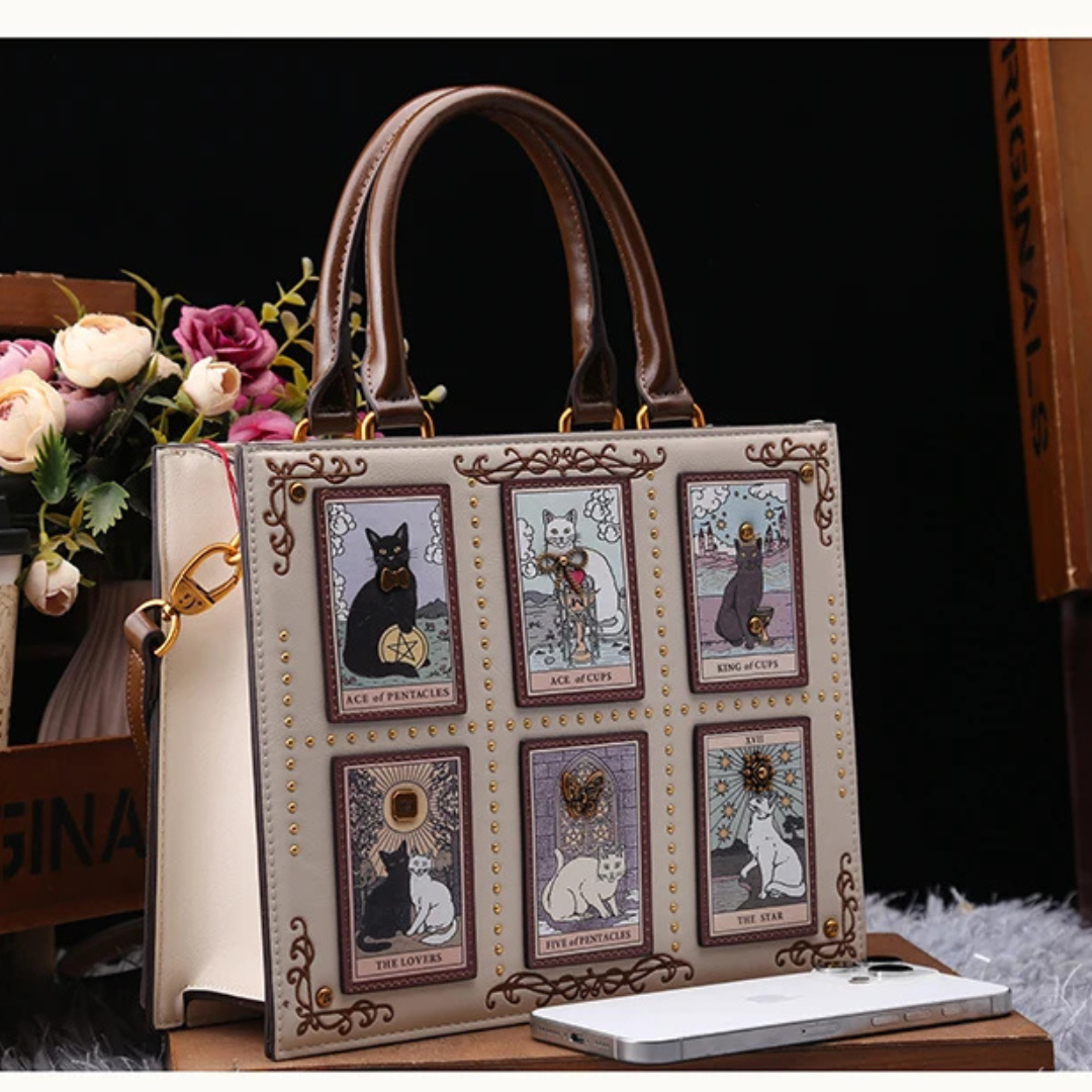 Mystical handbag with cat illustrations
